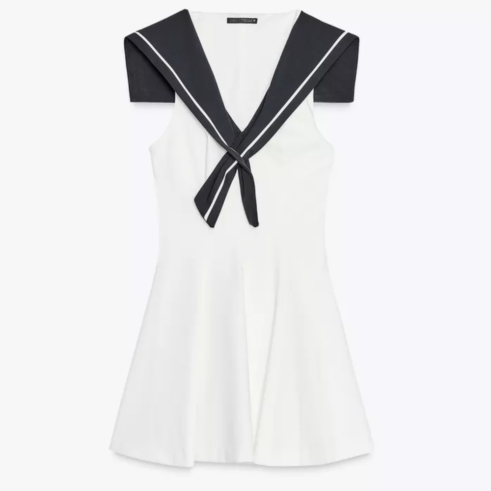 Zara White Mini Sailor Dress with Navy Bow Detail